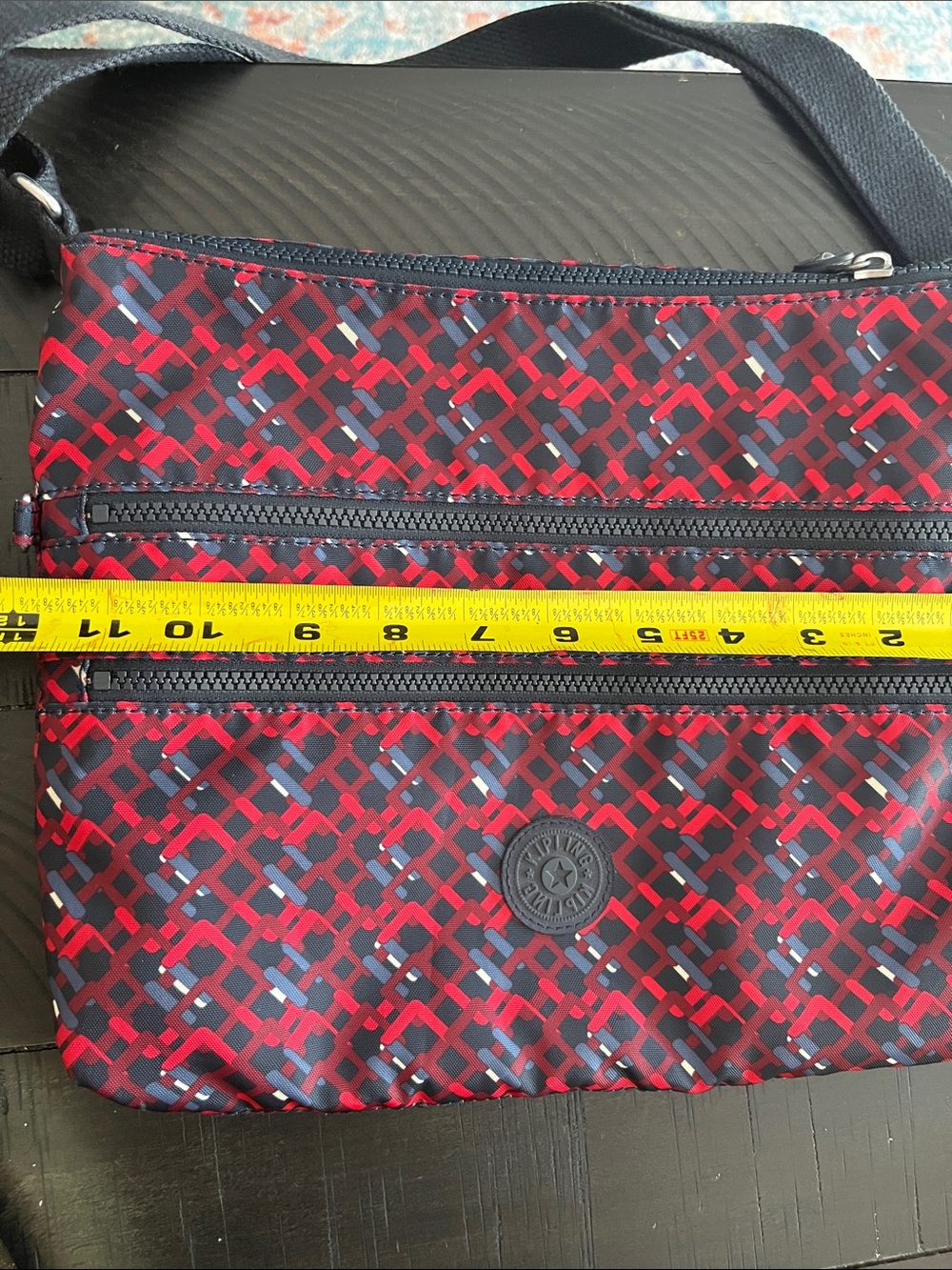 Kipling Spacious many pockets! Red and Black Patterned Triple-Zip Crossbody - Picture 10 of 11